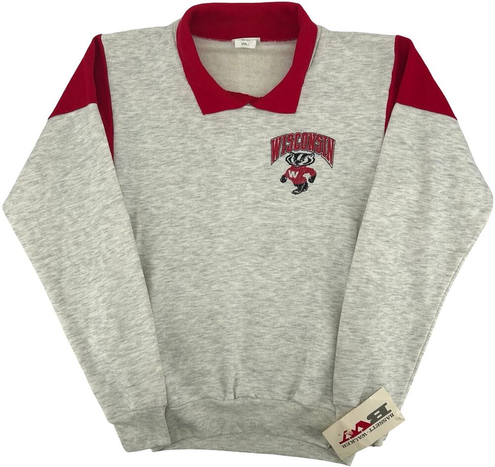 NWT VTG 80s Women's Grey Red Wisconsin Badgers Collared Crewneck Sweatshirt Sz S